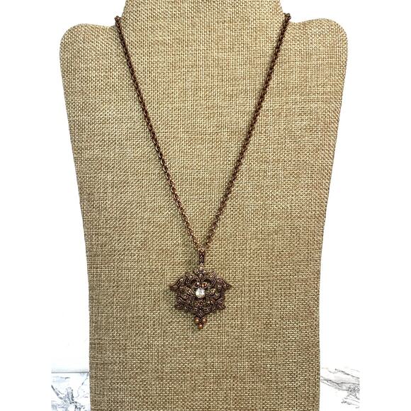 Vintage Copper Tone Pendant Necklace with Faux Gemstones and Pearls - Picture 1 of 8